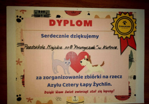 Dyplom dla przedszkola od Azylu Cztery Łapy w Żychlinie