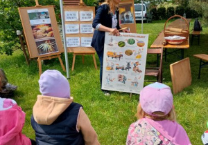 Dzieci siedzą i patrzą na panią prezentującą planszę o powstawaniu chleba