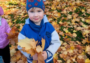 Juliusz pozuje do zdjęcia z bukietem z jesiennych liści