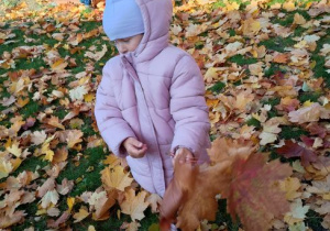 Julka przypatruje się jesiennym listkom