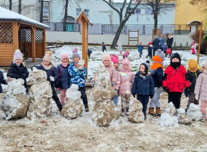 Buziaki bawią się na śniegu.