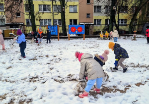 Buziaki bawią się na śniegu.
