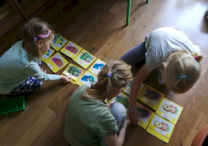 Trzy dziewczynki układają na podłodze obrazek przedstawiajacy owoce z różnych drzew. Dopasowują do nich podpisy z nazwami tych owoców.