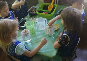 Dzieci sieją : rzeżuchę owies, rzodkiewkę i na słoikach wypełnionych wodą, przykrytych gazą umieszczają cebulę i fasolki.