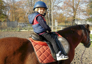 Chłopiec jedzie na koniu.