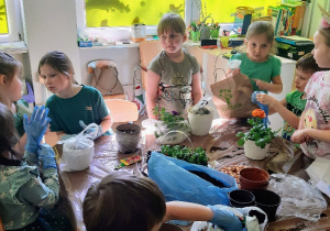 Dzieci sadzą przyniesione przez siebie rośliny i nasiona.