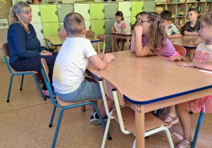 Dzieci z uwagą słuchają zaproszonego gościa.