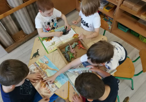 Dzieci oglądają książkę z dinozaurami.