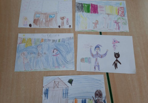 Prace dzieci przedstawiające postacie z bajki "Masza i niedźwiedź"