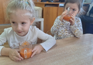 Michasia i Zosia degustują sok wykonany ze zdrowych owoców i warzyw.