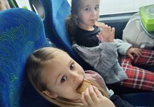 Dziewczynki jedzą ciastka w autokarze