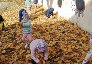 Dzieci zbierają i rozrzucają klonowe liście